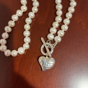 Carolee Sterling Silver Heart w/ French writing and Faux Pearl Necklace